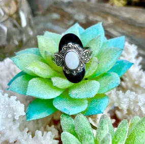 Antique Art Deco Sterling Silver Marcasite Black Onyx & Opal Stone Ring Size 7