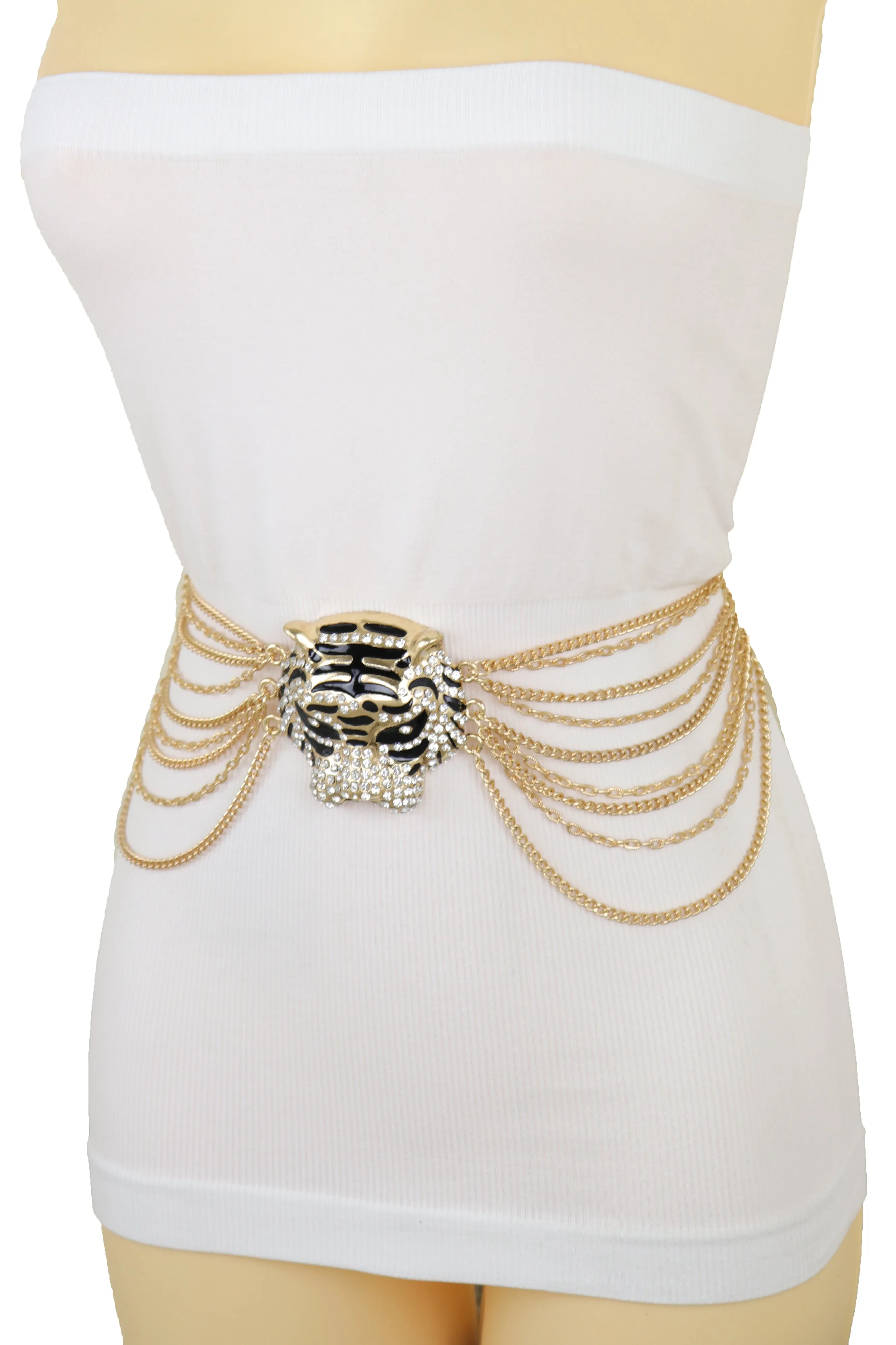 Gold Metal Chain Side Waves Belt Hip High Waist Leopard Tiger Charm S M L