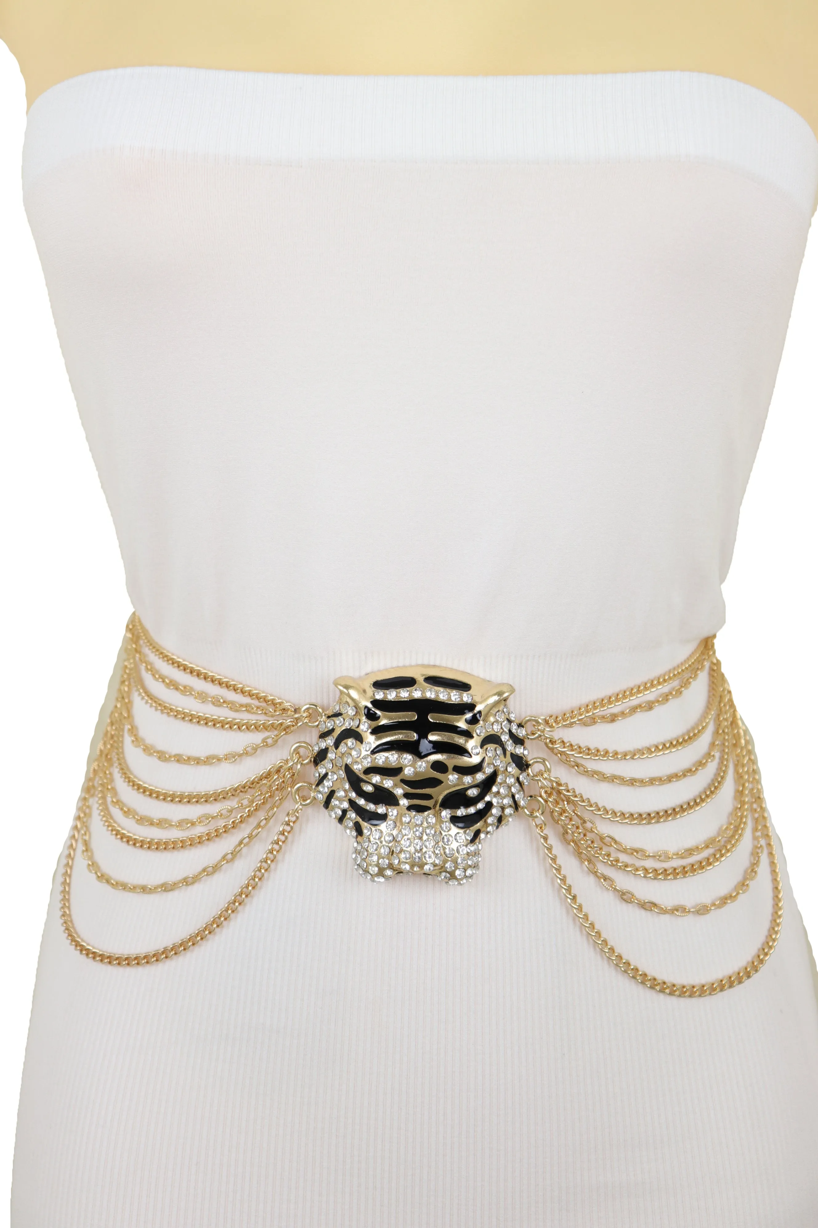 Gold Metal Chain Side Waves Belt Hip High Waist Leopard Tiger Charm S M L