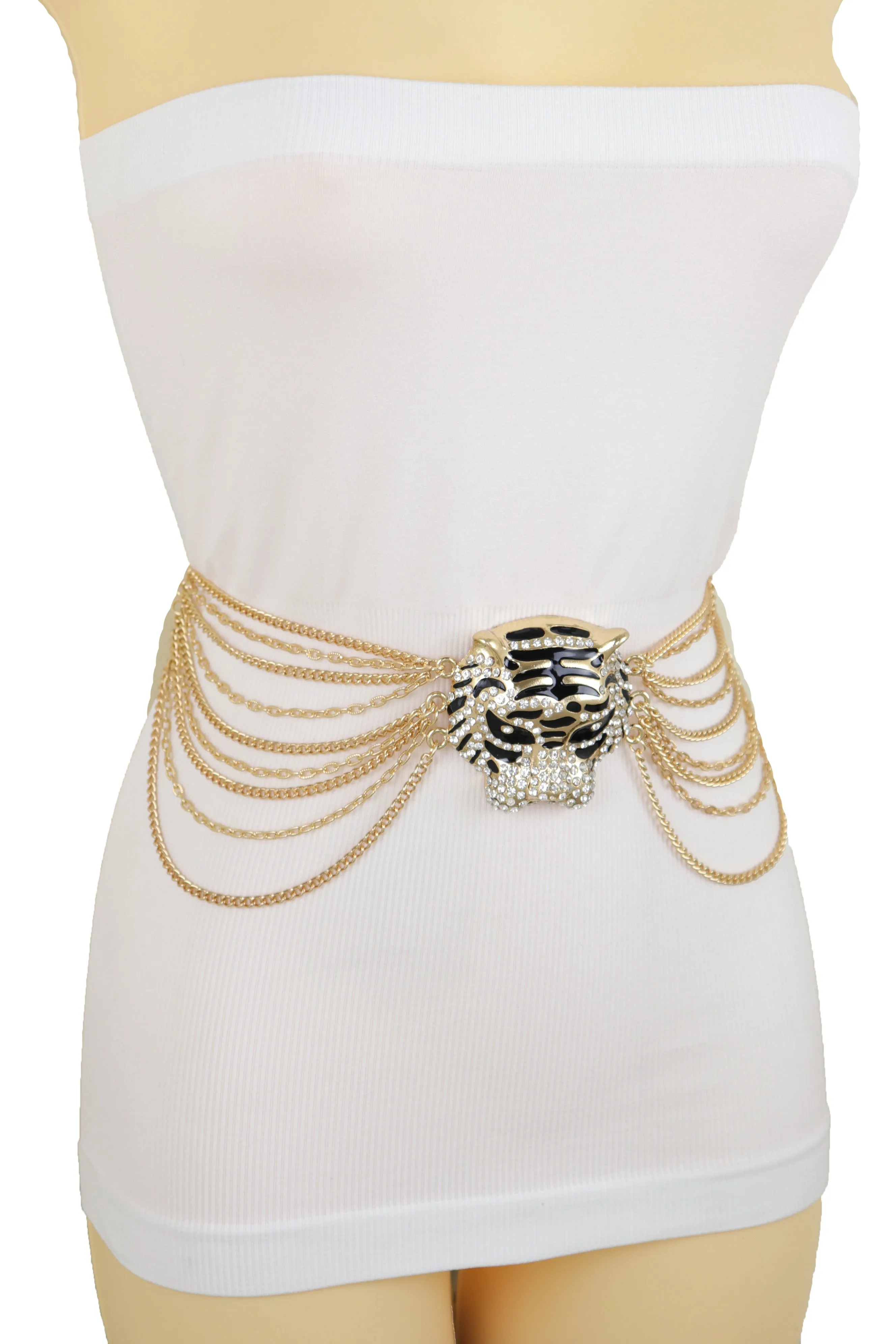 Gold Metal Chain Side Waves Belt Hip High Waist Leopard Tiger Charm S M L