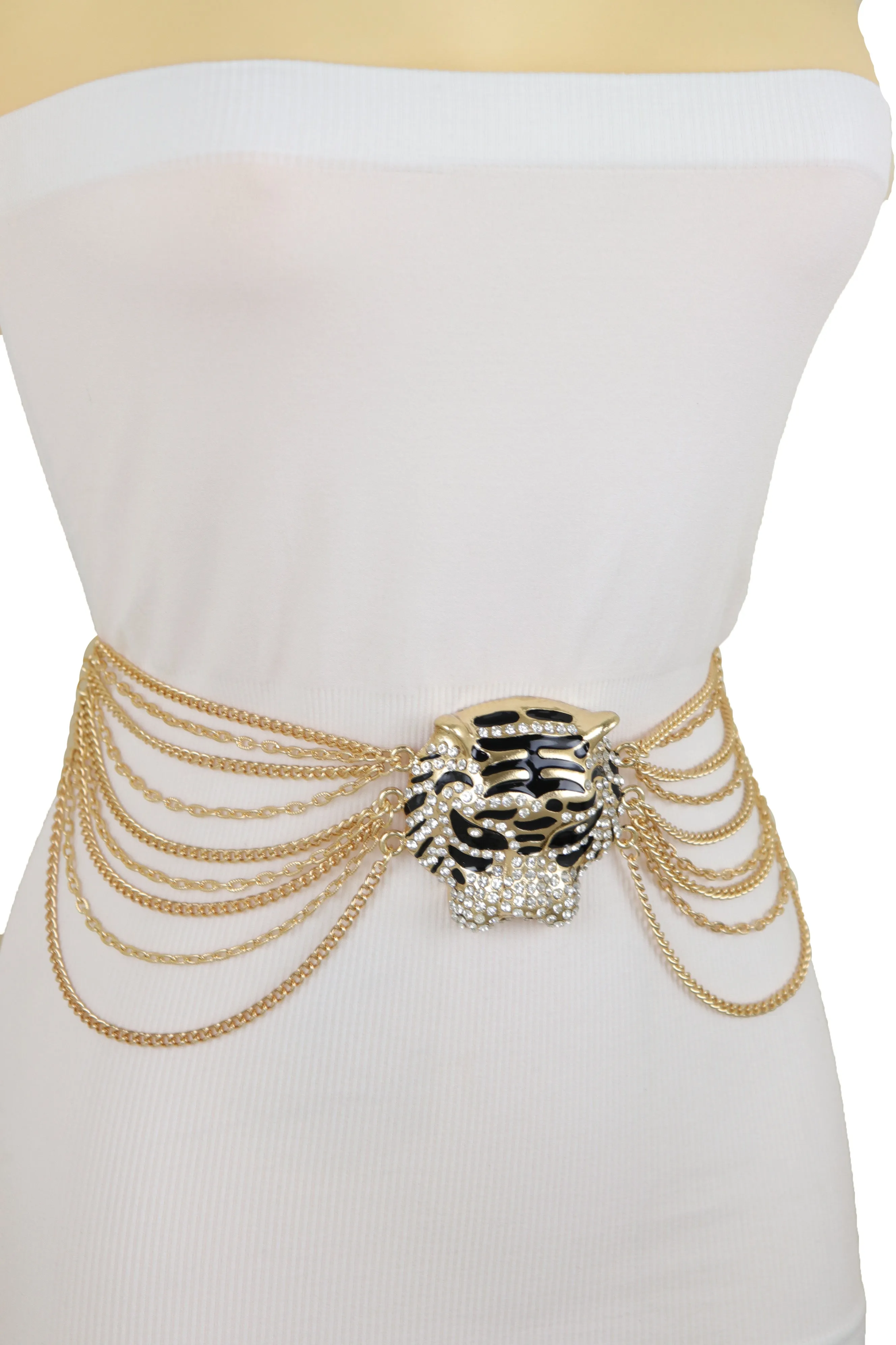 Gold Metal Chain Side Waves Belt Hip High Waist Leopard Tiger Charm S M L